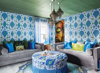 Rich Colors and Textures Transform Atlantic Beach Home Robyn Branch_FD31-2D Photography by Zeke Ruelas Photography, Nashville, TN In the first floor guest den, Branch nudged the homeowner toward a more Moroccan-inspired look rich with deep greens and blues. Three pendants hang from the ceiling at staggered lengths, while the green-and-blue wallpaper brings the outside in. Floor cushions and throw pillows make it a perfect, quiet spot for the homeowner to meditate.