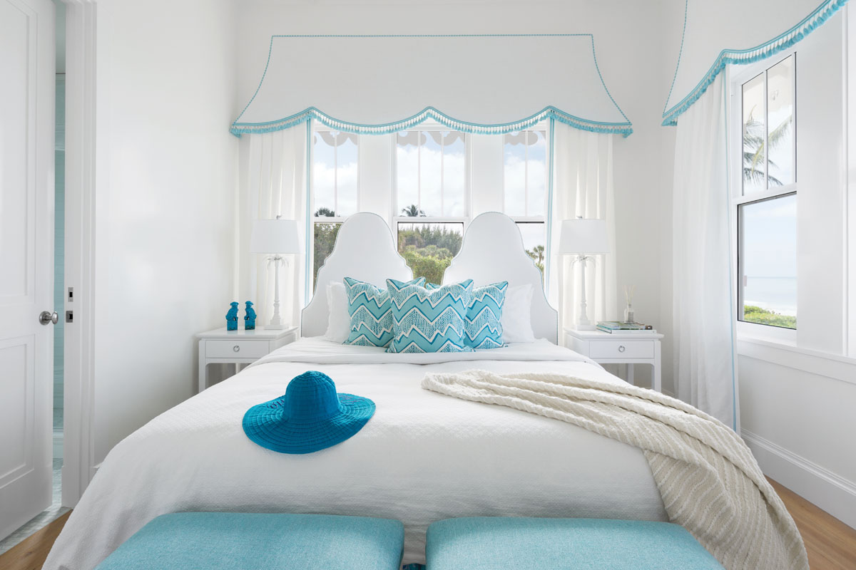 Thompson designed the twin headboards to allow for a view of the pier, even when the beds are pushed together.