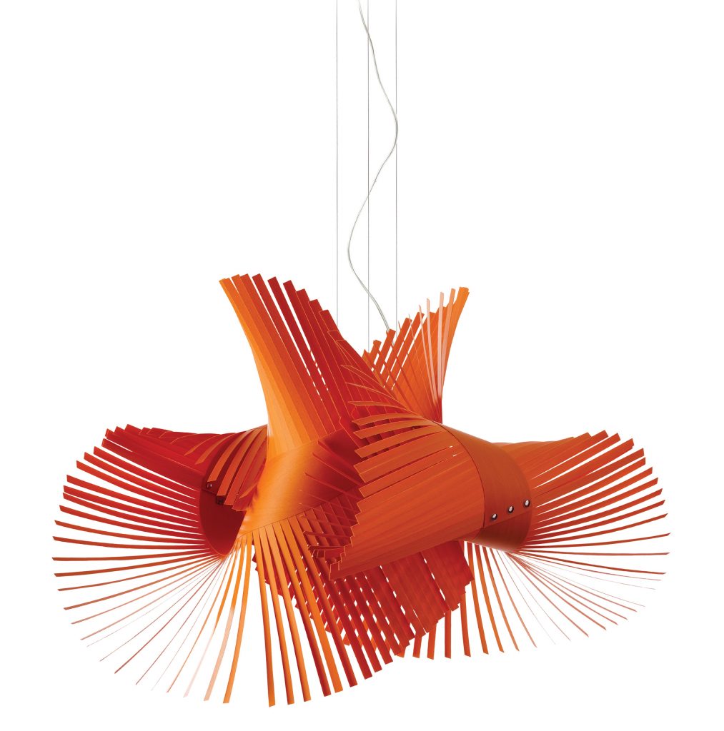 Conceived by Miguel Herranz for LZF LAMPS, the Mikado chandelier’s wood veneer strips spread outward like an exotic bird’s plumage. lzf-lamps.com