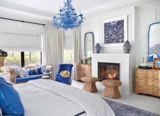 With its burlwood and natural rattan textures, and bold periwinkle blues, the primary bedroom is the wife’s favorite retreat in the residence.