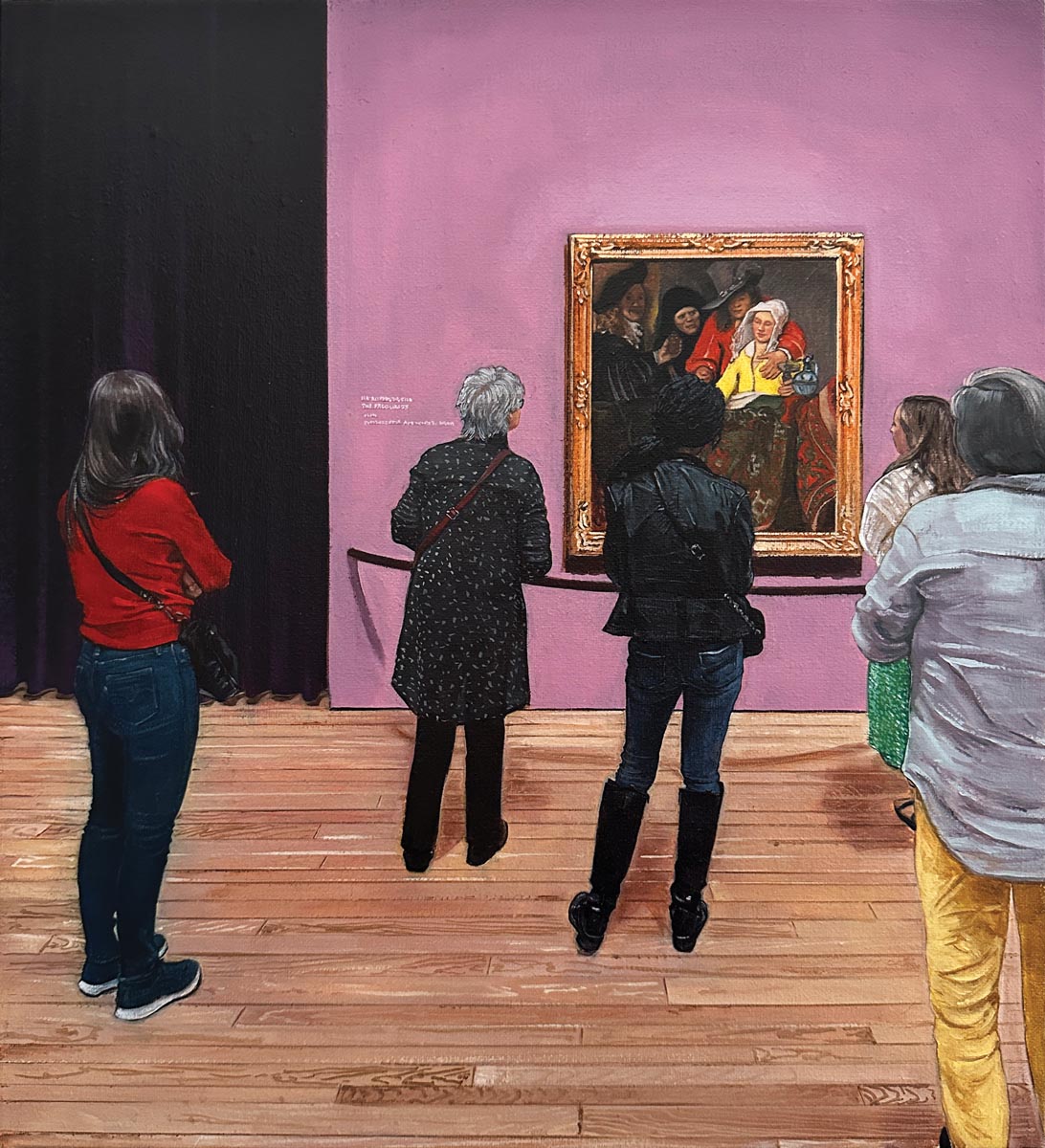 Vermeer: The Procuress/Rijksmuseum, 2023, oil on linen. For this painting, Fig created a balance of colors to emphasize the eye connection between the Vermeer artwork and the patrons viewing it.