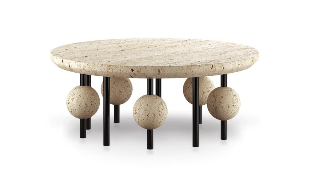 The marble floating spheres and tabletop of the Kosmos center table from Hommes Studio lend traditionally heavy stone an uncanny feeling of weightlessness