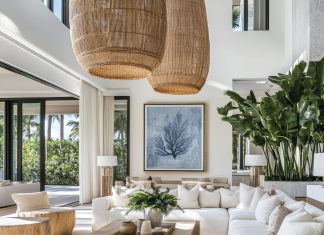 Biohous key pieces in this living room setting include the Solara pendants (handwoven in rattan), the Amani sofa (in linen), the Isla coffee table (crafted in solid teak with a natural grain finish), and the Luma side tables (also in teak).