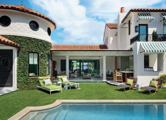 Manalapan Home Embodies Spanish-Mediterranean Style Poised on the southern tip of Manalapan, this Spanish Mediterranean-style dwelling features water views on two sides. Outfitted with RH loungers, the interior courtyard comprises a pool, a covered lanai, and multiple access points into the home.