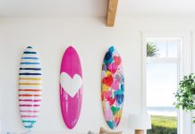 Cocoa Beach Vacation Home is a Surfer’s Paradise Because the main living area of the home is so large, designer Kate Abt created a couple of sitting nooks for quiet moments. On the wall, colorful surfboards by Kerri Rosenthal reveal the family’s love for the sport.