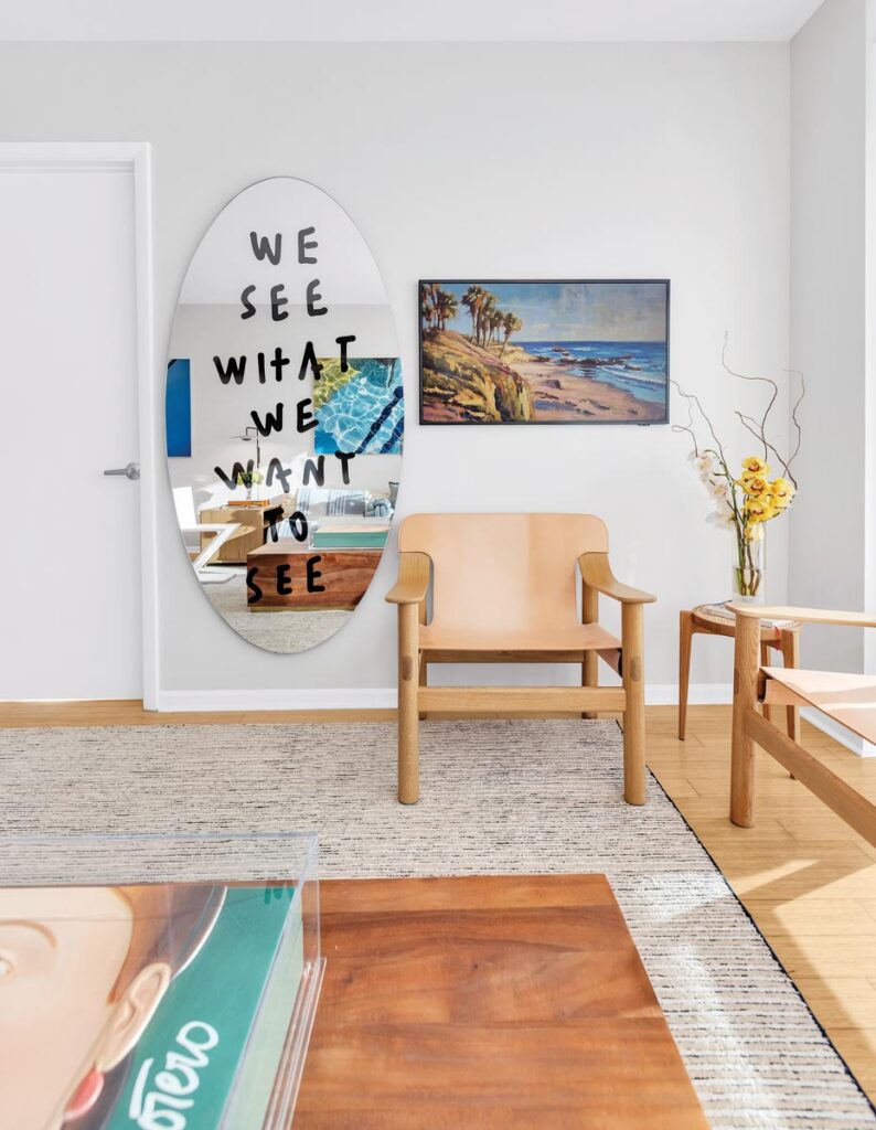 A Pietro Terzini edition of the Les Grands Trans-Parents mirror by Cassina was chosen because it immediately resonated with the project. “It speaks about perception,” says Pomini, “and how meaning shifts depending on who is looking.”