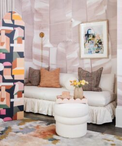 A sitting area in one of the children’s bedrooms reveals Moniomi’s penchant for texture and patterns. “The intention was to create a moment that felt both playful and sophisticated,” says Alvarez. “The oversized organic pattern of the wallcovering creates a subtle, almost sculptural backdrop that adds depth without overwhelming the room.”