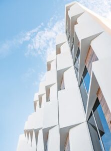 Architect Kobi Karp designed the exterior of the AC Hotel Miami Wynwood with offset tilting panels that reflect the rich geometry of the MiMo style so prevalent in that area of the city. Photo courtesy of Kobi Karp