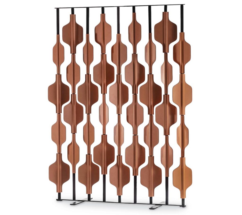 The Ro room divider by Mia Cullins for Enrico Pellizzoni through Artemest features a painted iron frame and leather-covered modules that rotate individually