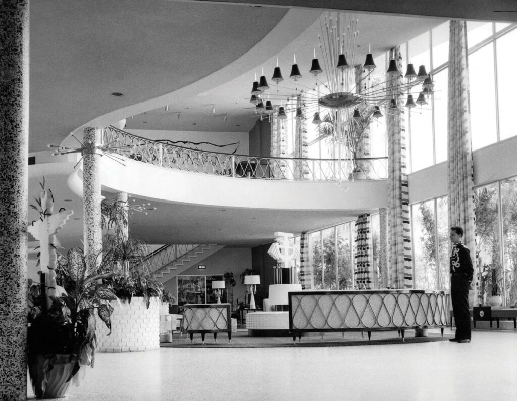 This photo of the lobby of the Thunderbird Resort Motel (open from 1951 to 2021) designed by Norman Giller illustrates the sweeping lines that were famously MiMo in style. Once located at 18401 Collins Avenue in Sunny Isles Beach, the property was demolished in 2021. Photo courtesy of Giller & Giller, Inc. Archives