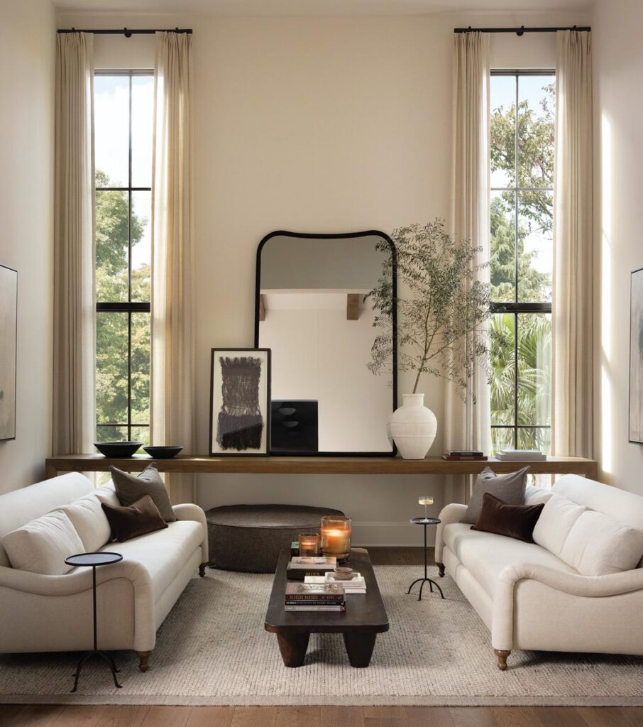 A sitting area near the kitchen is outfitted with sofas by Verellen, side tables by Zara Home, a mirror from Four Hands, and an area rug by Loloi.