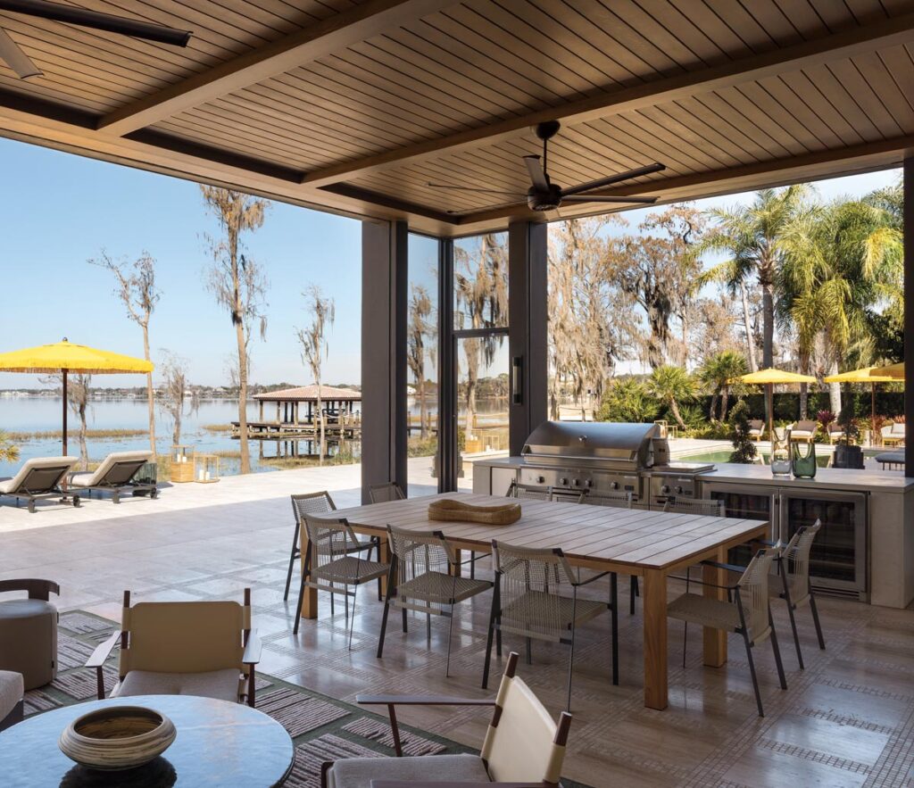 The outdoor kitchen was outfitted with furniture from Exteta, Minotti, and Tribù