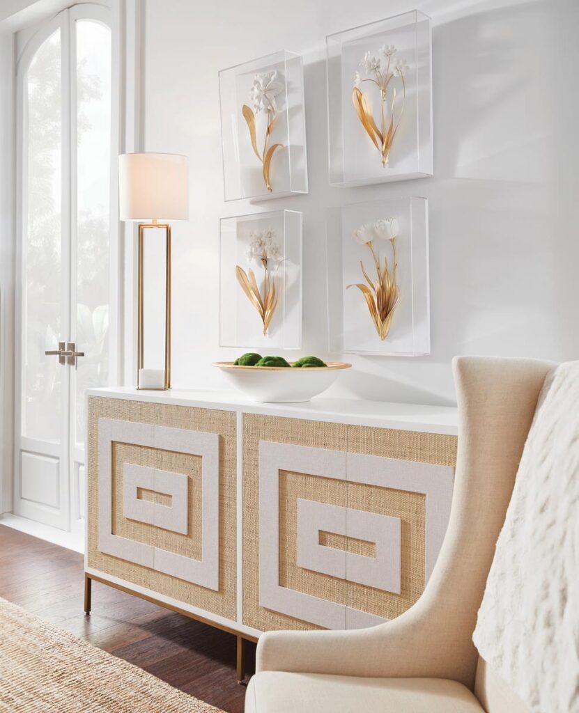 The Sloan Street cabinet by Bill Cain for Chelsea House features grass-cloth weave doors with a geometric square pattern.