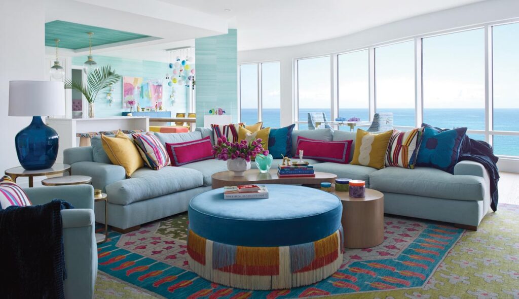 “The upholstery on the living room’s Bernhardt sectional and Hancock & Moore chair was selected to bring the sea in, grounding the space in the soft blues and greens of the Gulf beyond,” says Gaddis. A Hammer cocktail table solidifies the area’s layout.